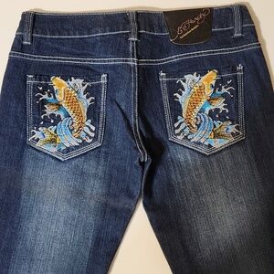 Ed Hardy Denim Jeans Straight Leg Low Rise Dark Wash Japanese Fish Women’s Sz 29